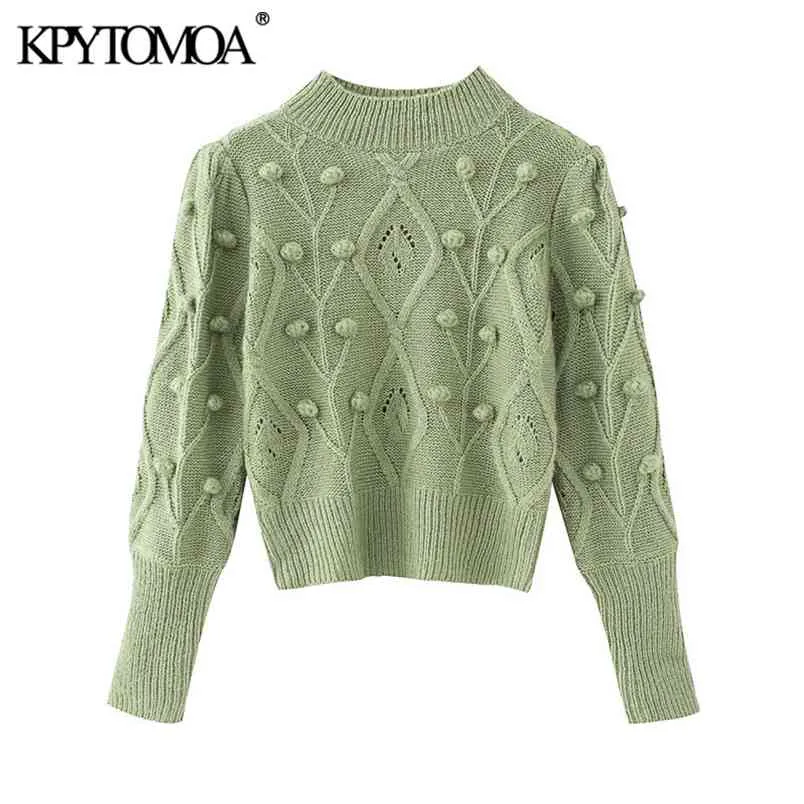 Women Fashion With Ball Cropped Knitted Sweater O Neck Long Sleeve Female Pullovers Chic Tops 210420
