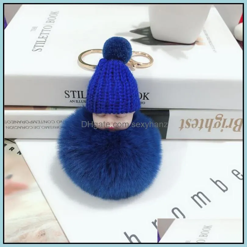 Cute Sleeping Baby Plush Doll Keychain Soft Rabbit Fur Ball Pom Poms Plush Key chain Car Key ring Bag keychain With Fast Shipping