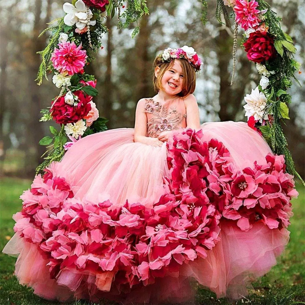 2022 Custom Made Flower Girl's Dresses O Neck Lace Floral Appliques Girl Pageant Gowns Tiered Tulle Lovely Birthday Party Dress