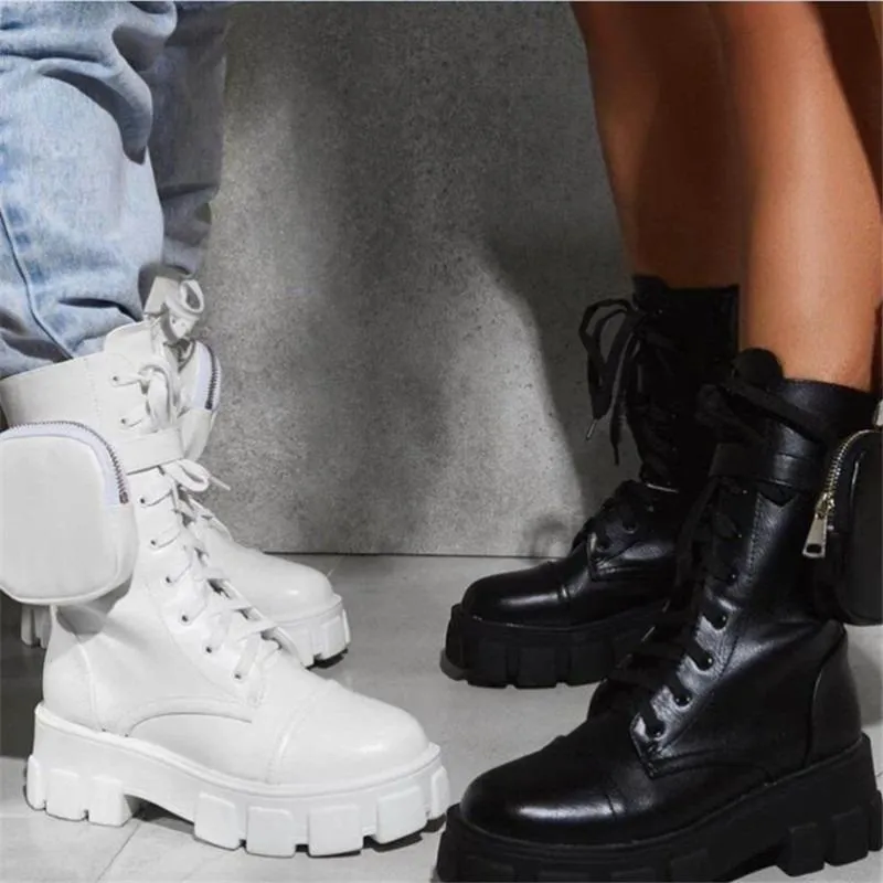 Boots Black Motorcycle Fashion Chunky Heels Platform Women Punk Pocket Ankle Booties Lace Up Women's Winter Shoes Female