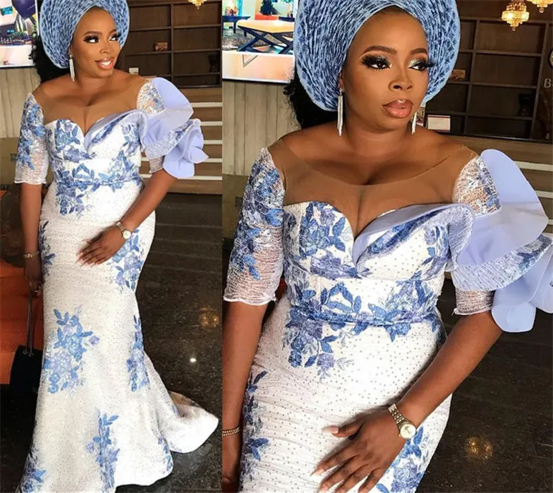 Aso Ebi 2021 Arabe Plus La Taille Dentelle Sirène Sexy Robes De Soirée Sheer Neck Vintage Sparkly Prom Formelle Deuxième Réception Robes ZJ322