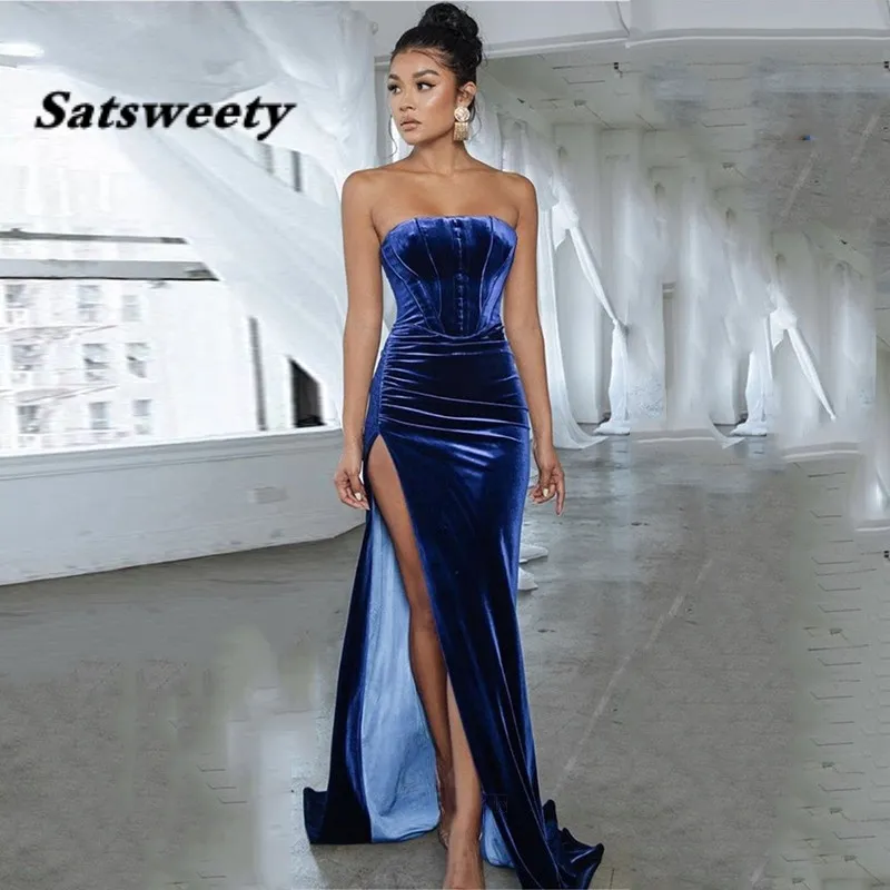 シンプルな青いベルベットのイブニングドレスマーメイドセクシーなハイスプリットウエディングパーティーガウンプラスサイズの正式な女性のドレス2022