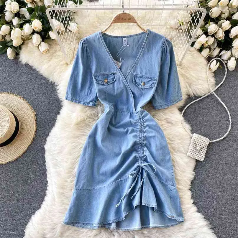 Korte mouw denim jurk vrouwen zomer mode v-hals slanke hoge taille trekkoord ruches ruches vintage mini jeans vestidos 210603