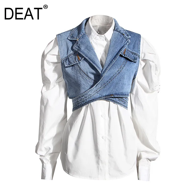 spring and autumn fashion denim Vest white cotton shirt two pieces single breasted top female 210421