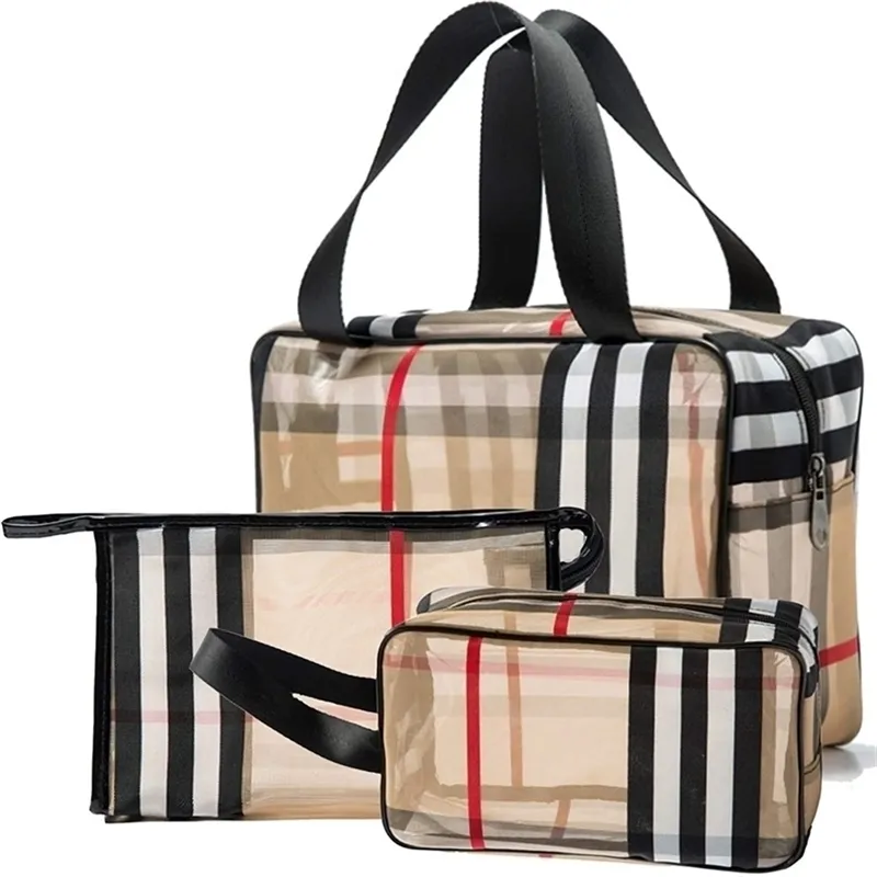 1Pcs PVC Stripe Women's Cosmetic Bag Large Capacity Makeup Waterproof Transparent Travel Storage For Women Girl 211028