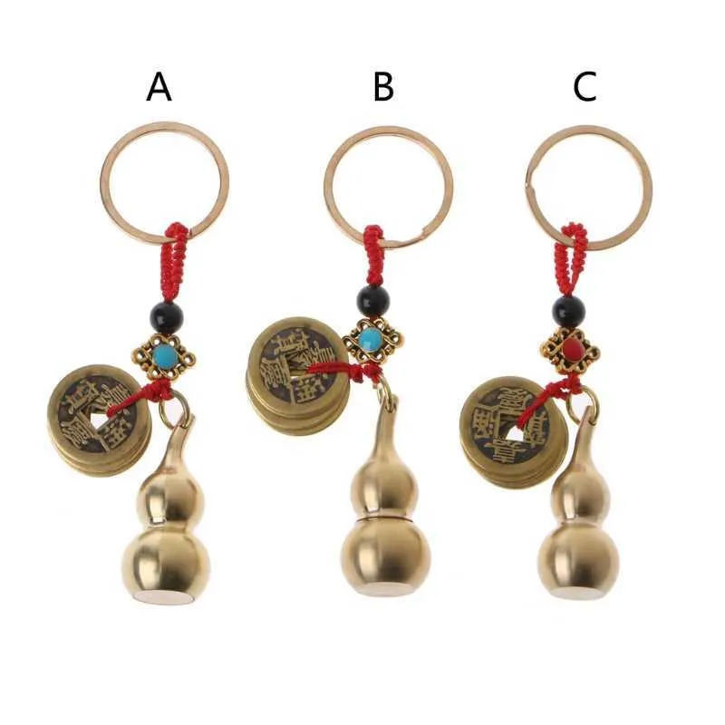 Wu Lou Key Chain Lucky Gourd Keychain with Feng Shui Coins Good Luck Prosperity Success Brass Calabash Pendant Keychain G1019