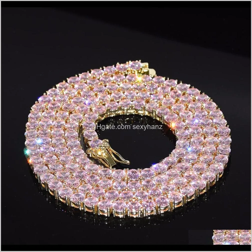 iced out bling zircon 1 row tennis chain necklace men hip hop jewelry pink gold silver necklace