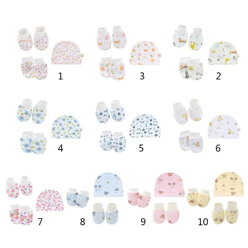 Baby Cartoon Anti-Scratch Handskar Hat Foot Cover Set Handguard Bomull Mittens Beanie Cap Socks Kit för Spädbarn Born P15C Barnens