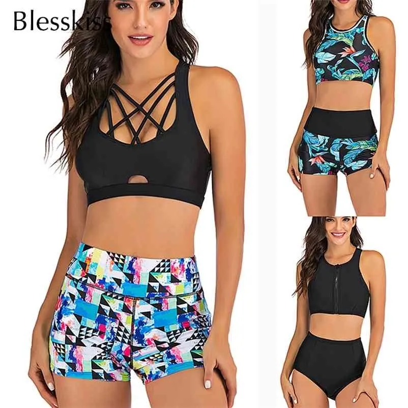 Esporte Cintura alta Biquini Mulheres Swimwear Sexy Crop Top Plus Size Swimsuit Natação Terno Conjunto de Banheira com Shorts 210621