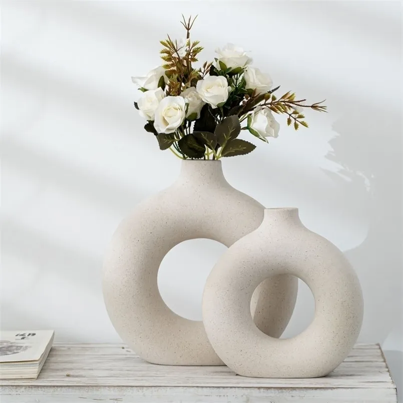 Vase de fleurs séchées en céramique moderne Décoration de la maison Art créatif Pot de fleur de table Bureau Salon Décor Ornements S 211214