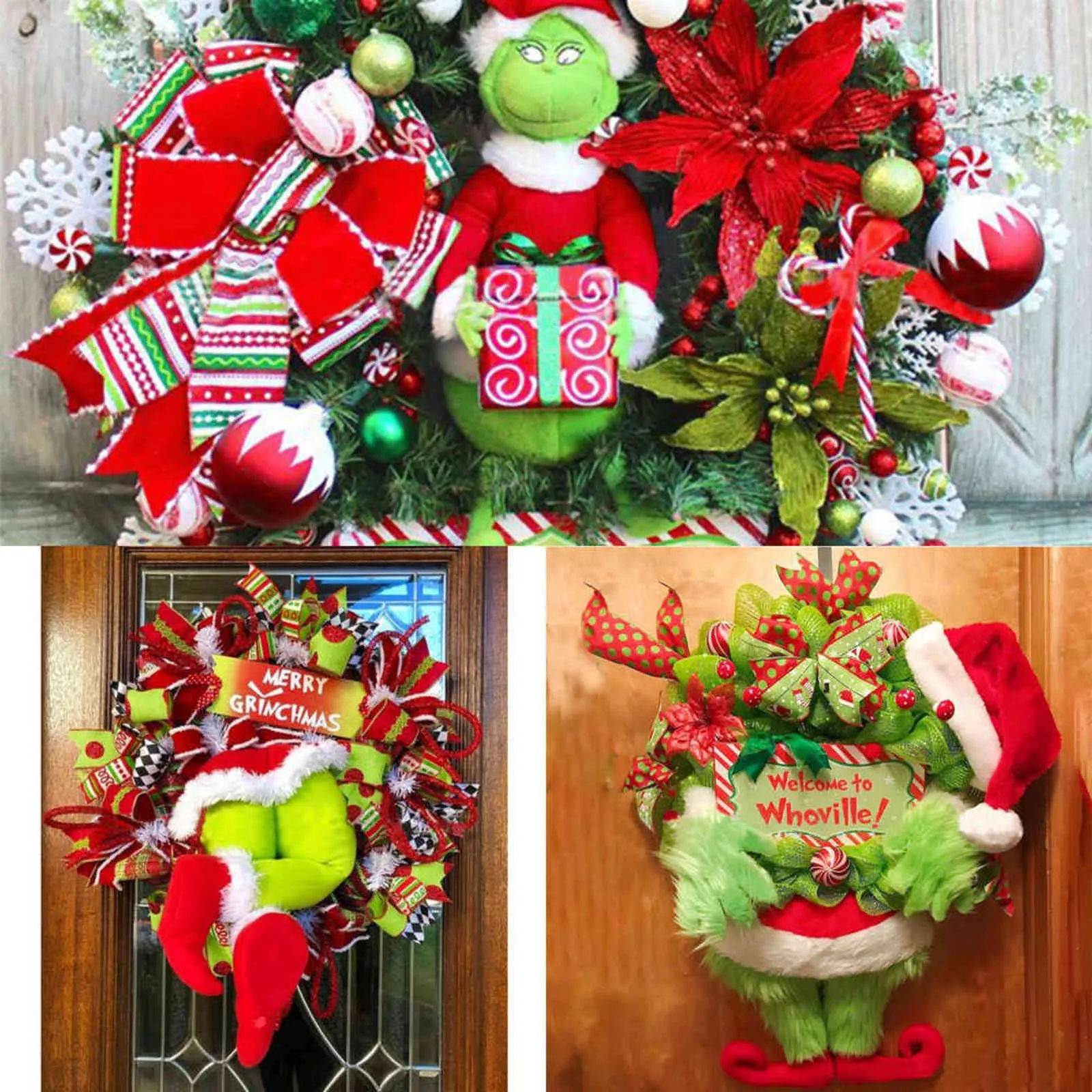 Christmas Burlap Wreath With Grinchs, Stealer Elf Legs Christmas Burlap Wreath With Grinchs, Stealer Elf Legs