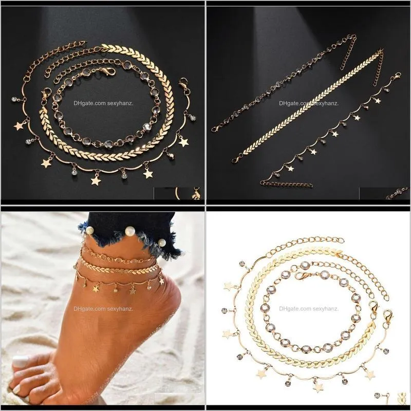 summer versatile popular jewelry women`s five pointed star with round alloy arrow anklet three piece set