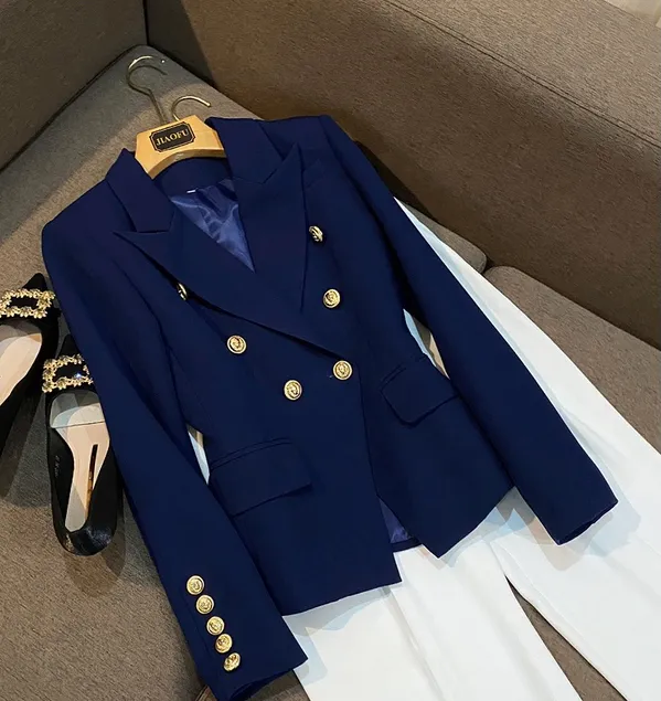 2023 Höstens höstlång ärm med hakning LAPEL Navy Blue Solid Color Slim Metal Buckles Double-Breasted Blazers Elegant toppkvalitetsutkläder 21O13729