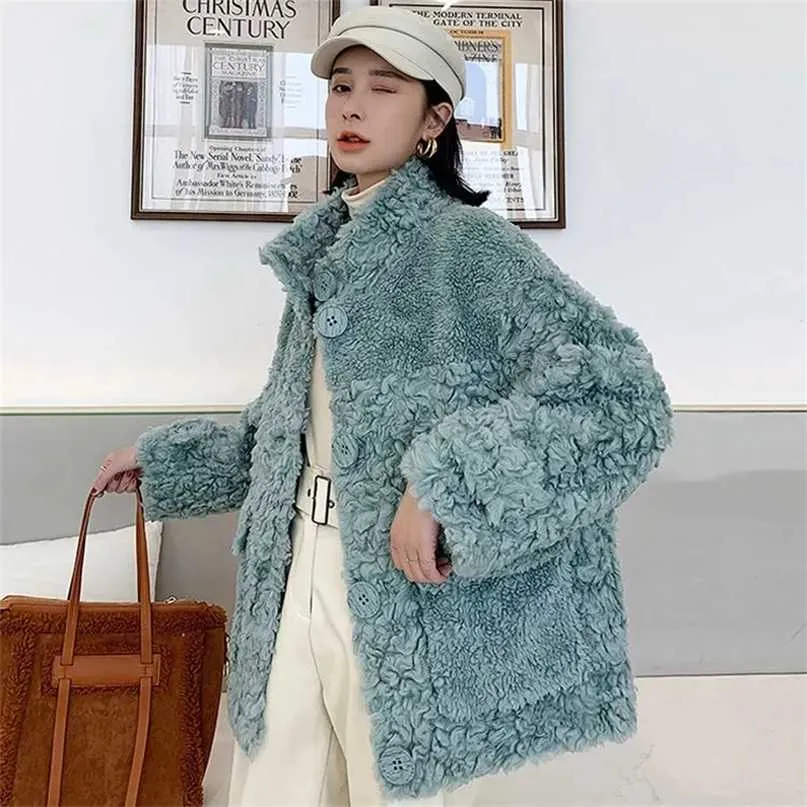 HSTARヒツジ剪断の女性の簡単な段落コートは厚い毛皮の複合子羊のウールの襟のせん断211018で暖かく保つ