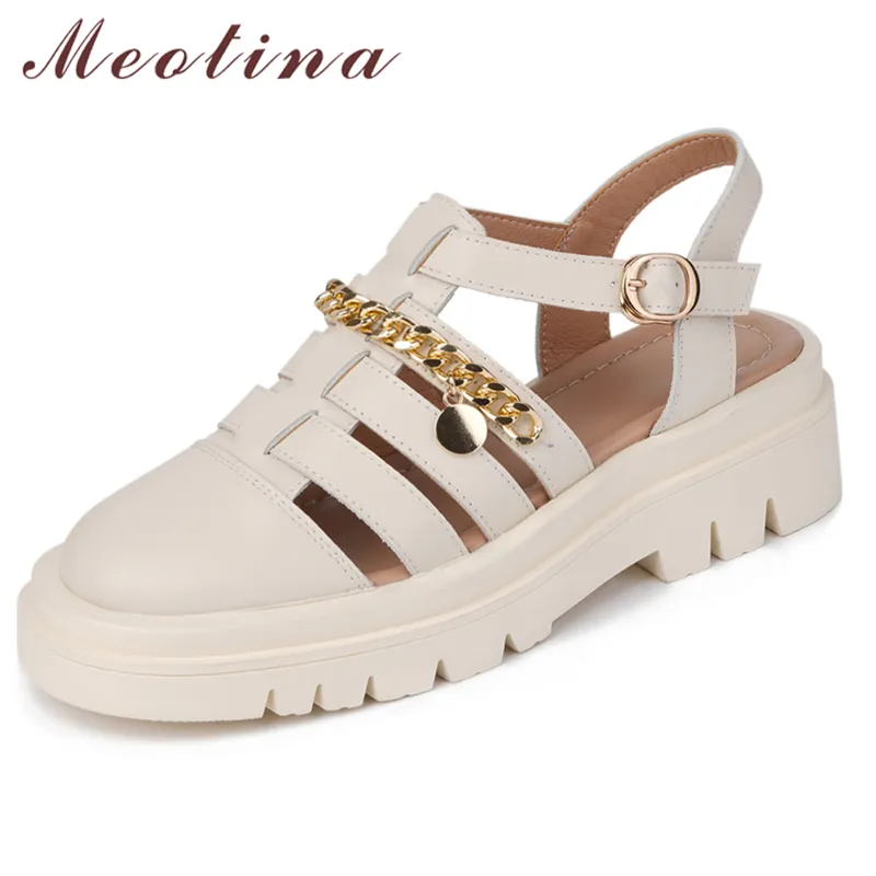Meotina Echtes Leder Sandalen Gladiator Schuhe Frauen Flache Plattform Sandalen Schnalle Damen Schuhe Sommer Silber 43 210520