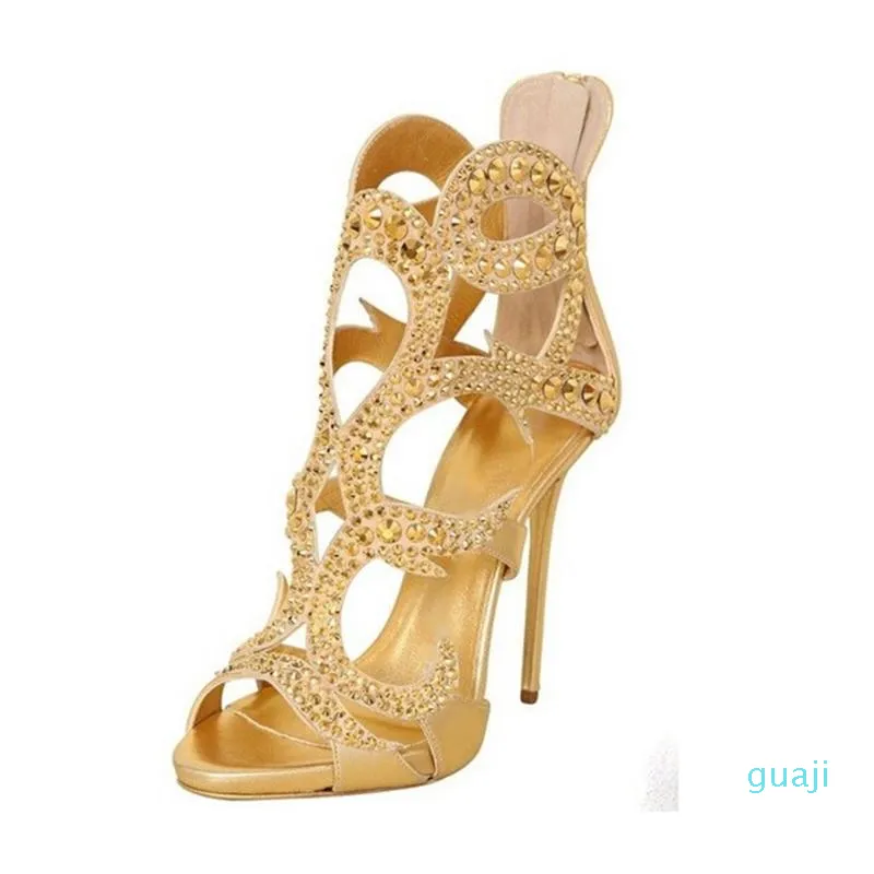 Sandaler Fashion Women Shoes Peep Toe Golden Crystal Sandal Zipper High Heel Dress Luxury Noble Glamorous Elegant Platform