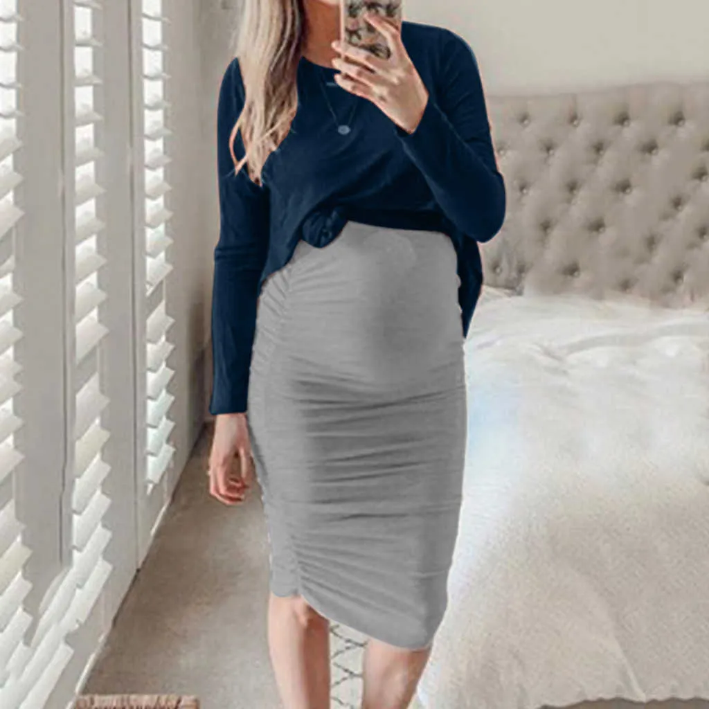 Women Pregnant Maternity O-neck Long Sleeve Solid Tops Skirt Sexy Set Dress Spring Maxi Dresses For Women Vestido De Mulher Q0713