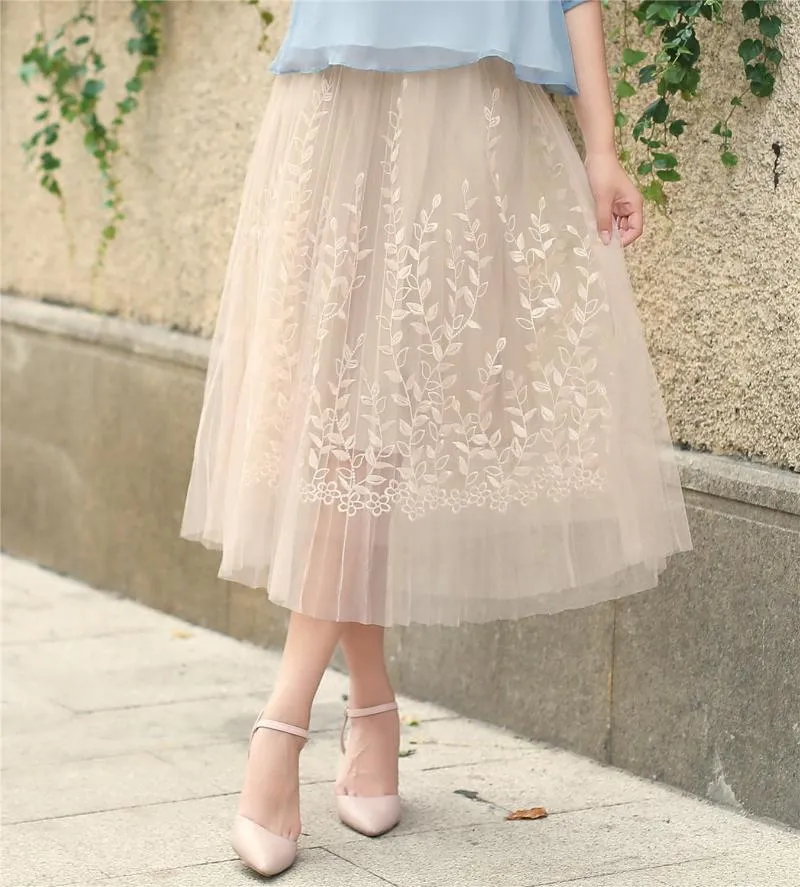 Skirts Shanghai Story Women's Tulle Plain Pleated Skirt Midi One Size Three-dimensional Embroidery Mesh Yarn