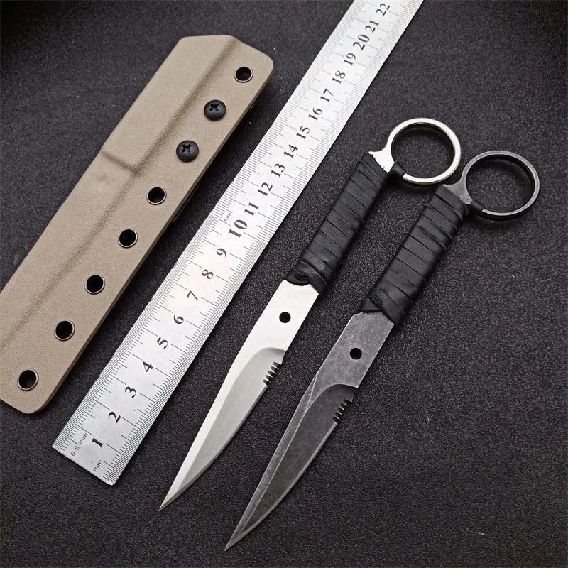 1pcs 2021 utomhus överlevnad rakt taktisk kniv 440c svart sten tvätt / satinblad Full tang läder mantel handtag fasta bladknivar med kydex