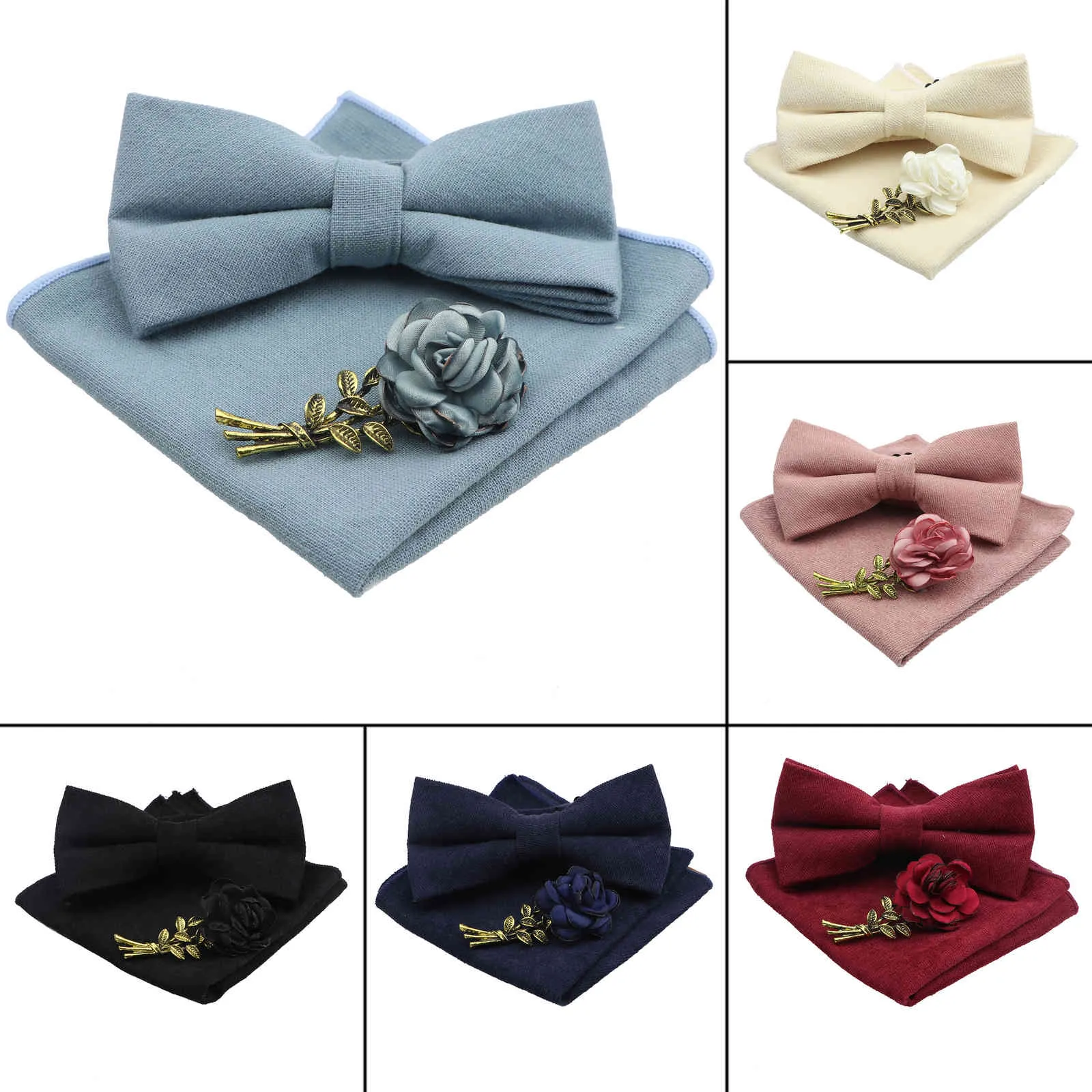 Vollfarbige Baumwoll-Bowtie Taschentuch Brosche Set Männer Blume Schmetterling Party Hochzeit Blau Rosa Weiß Bowties Neuheit Krawatten Geschenk