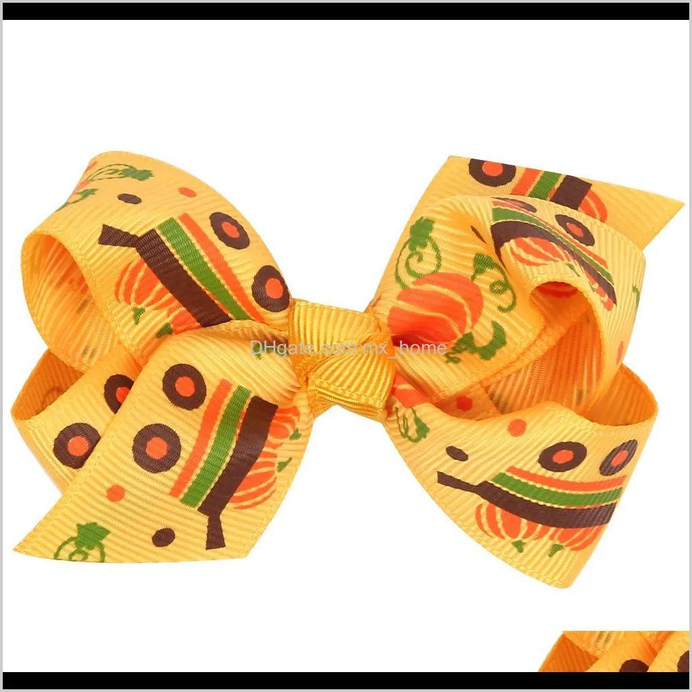 wholesale 14 designs 8*4cm halloween cartoon bat pumpkin print ribbon baby bowknot hairpin children`s hair accessories