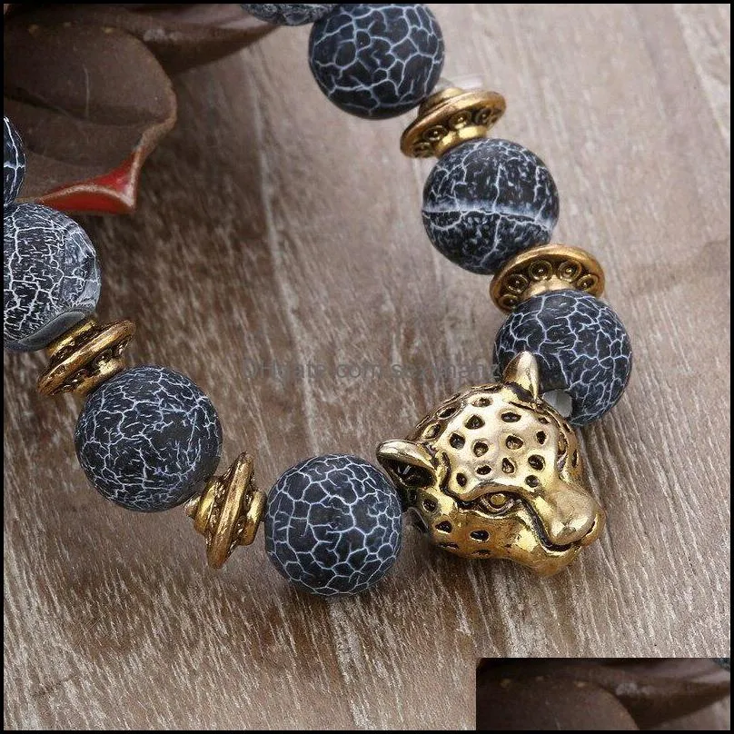 New Seven Chakras Energy Stone Leopard Head Bracelet Natural Stone Stretch Braided Bracelet Care Beaded Black Lava Rock Yoga Bracelet