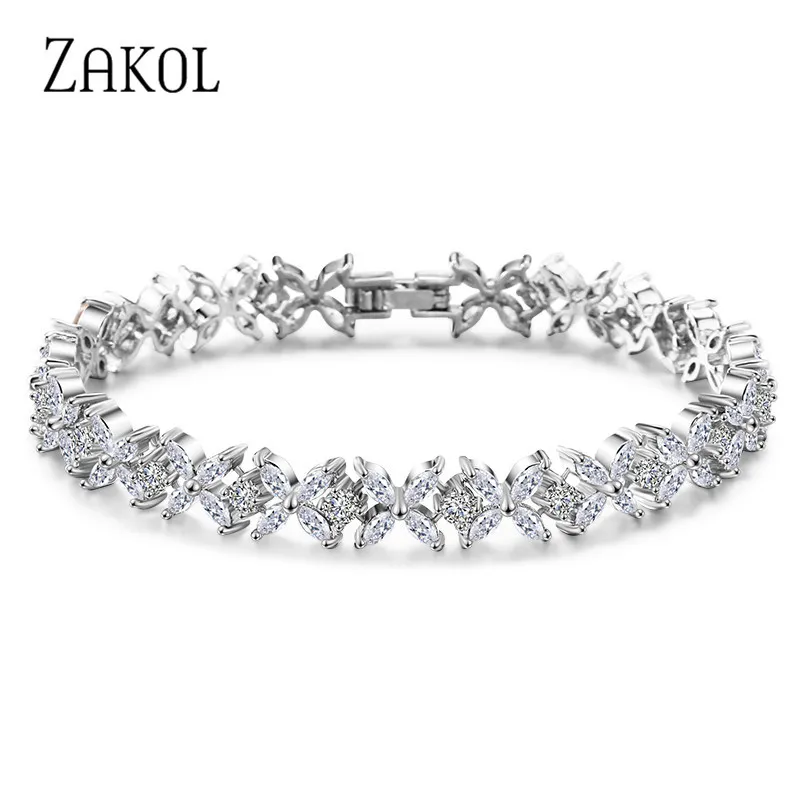 Zakol Classic White Marquise Cut Cubic Zirkoon Ketting Link Armbanden Armbanden Bloem Bruiloft Sieraden voor Vrouwen FSBP094