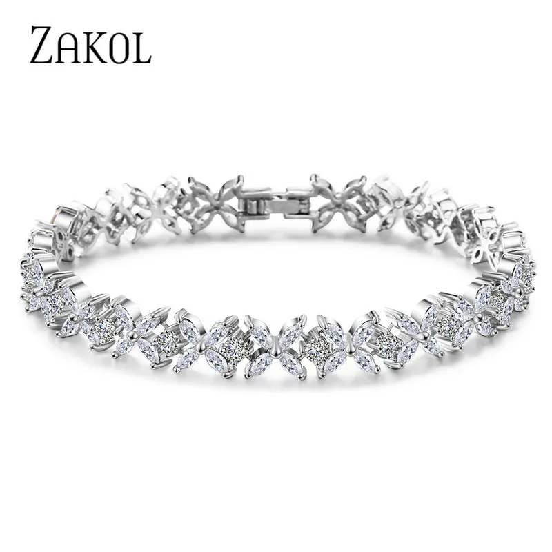 Zakol Clássico Branco Marquise Corte Cúbico Zircon Chain Link Braceletes Bangles Flower Bidal Wedding Jóias para mulheres FSBP094