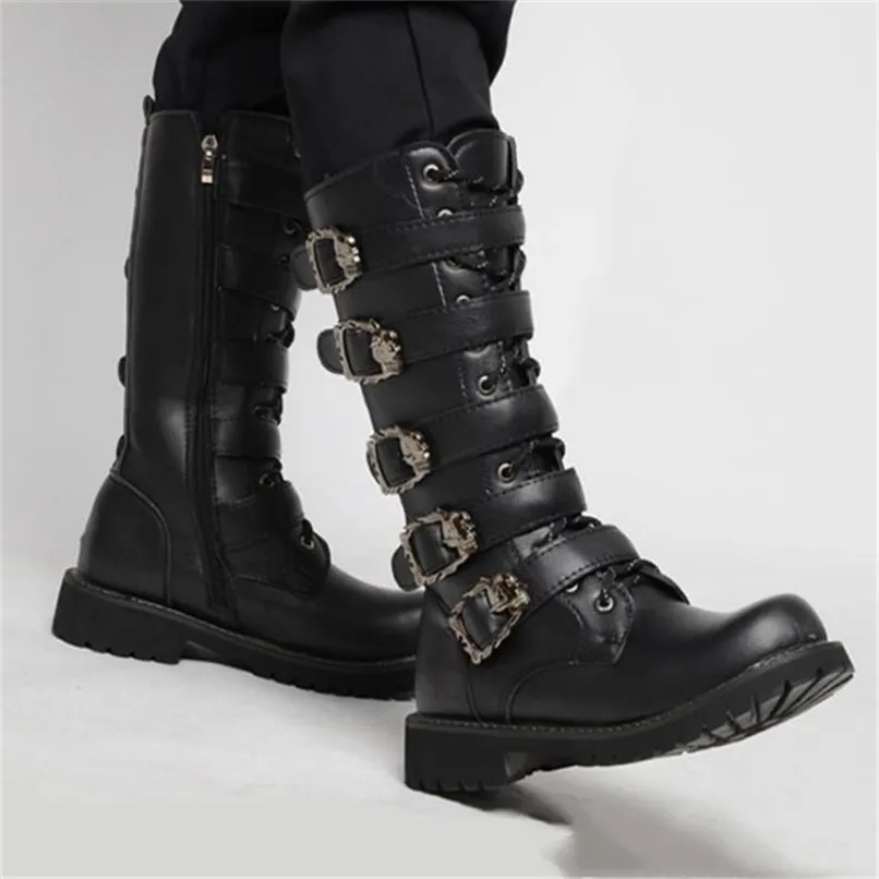 Men's Leather Motorcycle Boots Mid-calf Military Combat Gothic Belt Punk Men Shoes Tactical Army Boot 211022