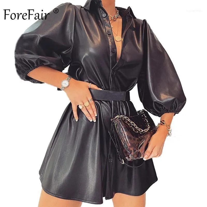 Casual Dresses Forefair Faux Leather Dress Women Sexig Mini Puff Sleeve Elegant A Line 2021 Fashion Black Club Dress1