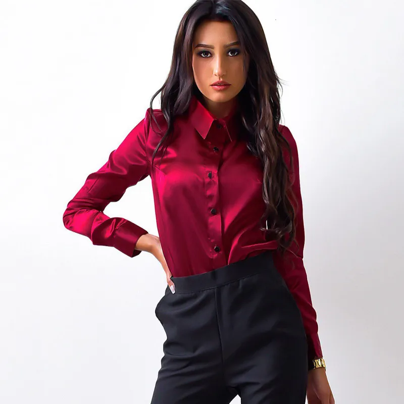 Elegant Wine Red Green Satin Blouse For Women Turn Down Collar