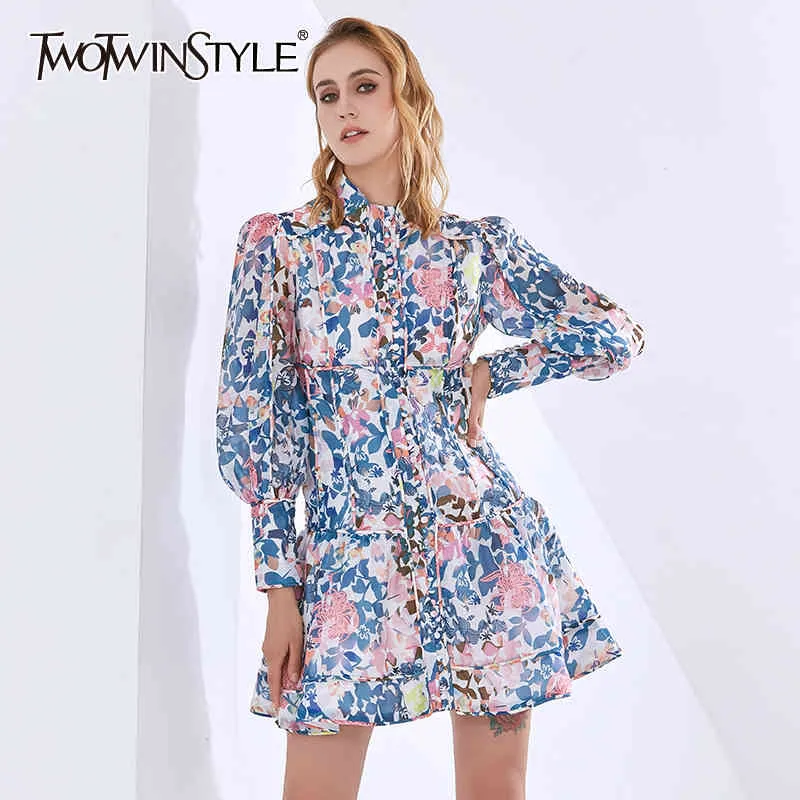 TWOTWINSTYLE Elegant Printed Floral Dress Female Stand Collar Long Sleeve High Waist Dresses Women Fashion Clothing 210517