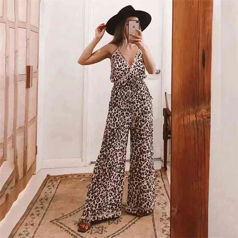 Sexy V Neck Backless Leopard Drukuj Kombinezon Sprint Długie Pajacyki Szerokiej Nogi Tassel Hollow Out Sumpsu Letni kombinezony 210415