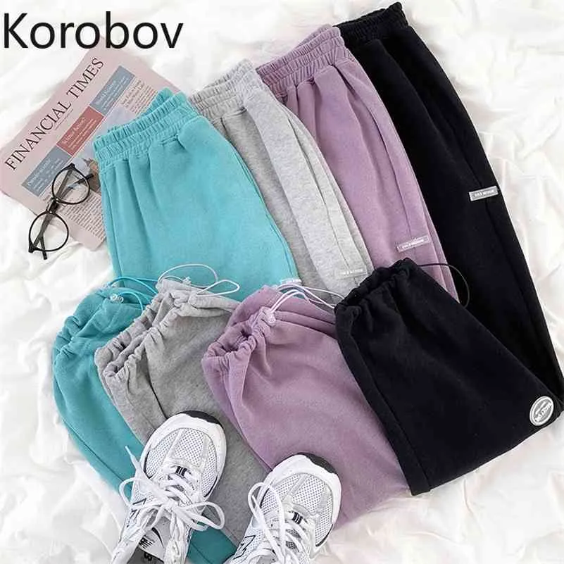 Korobov preppy نمط ارتفاع الخصر فضفاضة عارضة النساء السراويل الكورية الصلبة محبوك واسعة الساق السراويل جديد شيك الحريم السراويل 210430