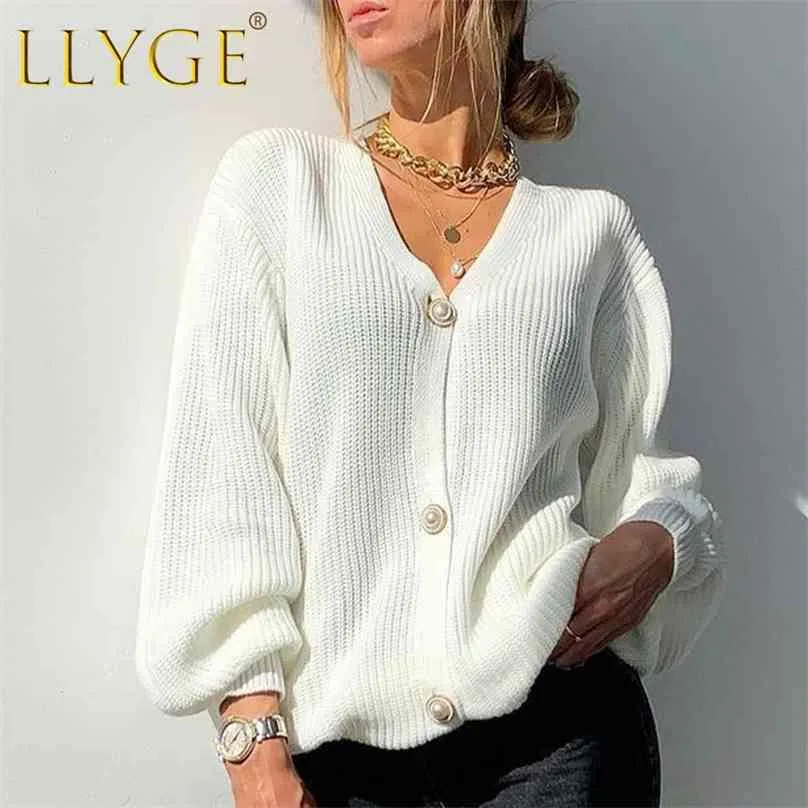 Loose Solid Women's Knitting Cardigan Sweaters Spring Female Cardigans Lantern Sleeve Pearl Button Fashion Autumn Outwear 210918