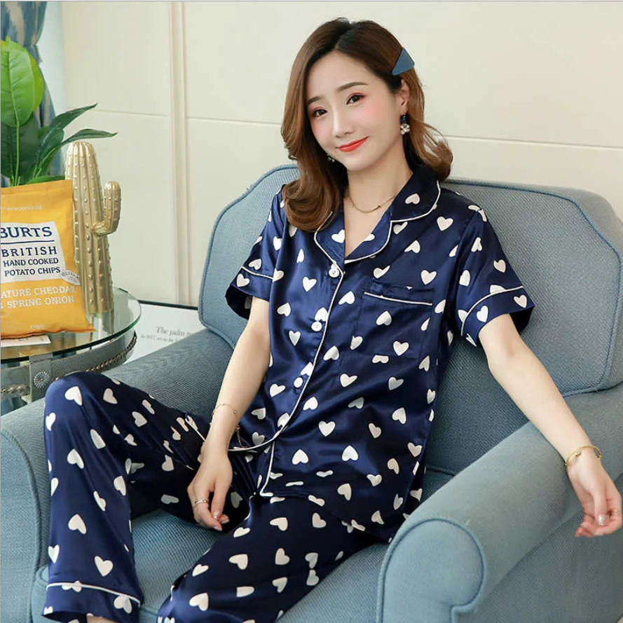 Women Pajamas Sets Lapel Imitation Silk Long Sleeve 2PCS Home Wear Ladies Mujer Sexy Satin Tops+Pants Nightgown Sleepwear Autumn Q0706