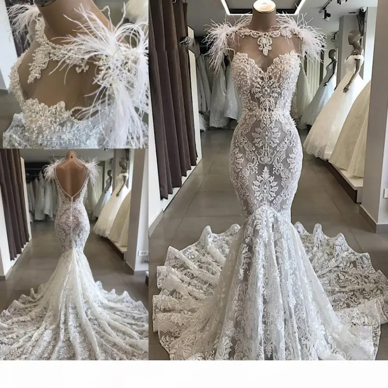 Lace Mermaid Wedding Dresses Bridal Gown With Feather Beaded Sequins Sweep Train Backless Sleeveless Custom Made Vestidos De Noiva 403 403
