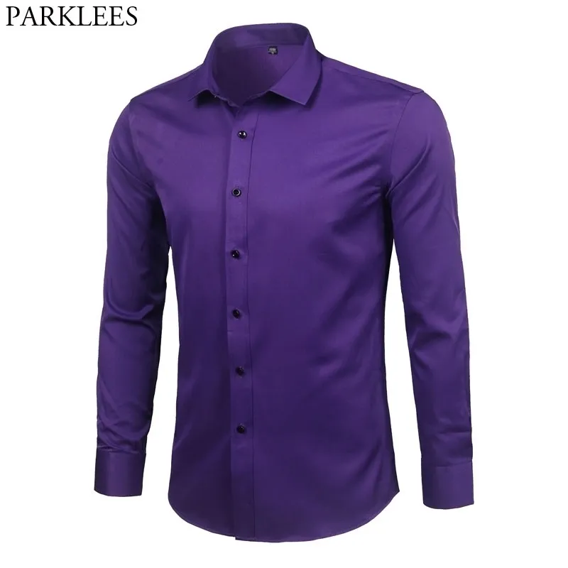 Фиолетовый мужской бамбуковый волокна платья рубашка новая стройная пригонка с длинным рукавом Homme не железо легкий уход формальная рубашка для мужчин 210410