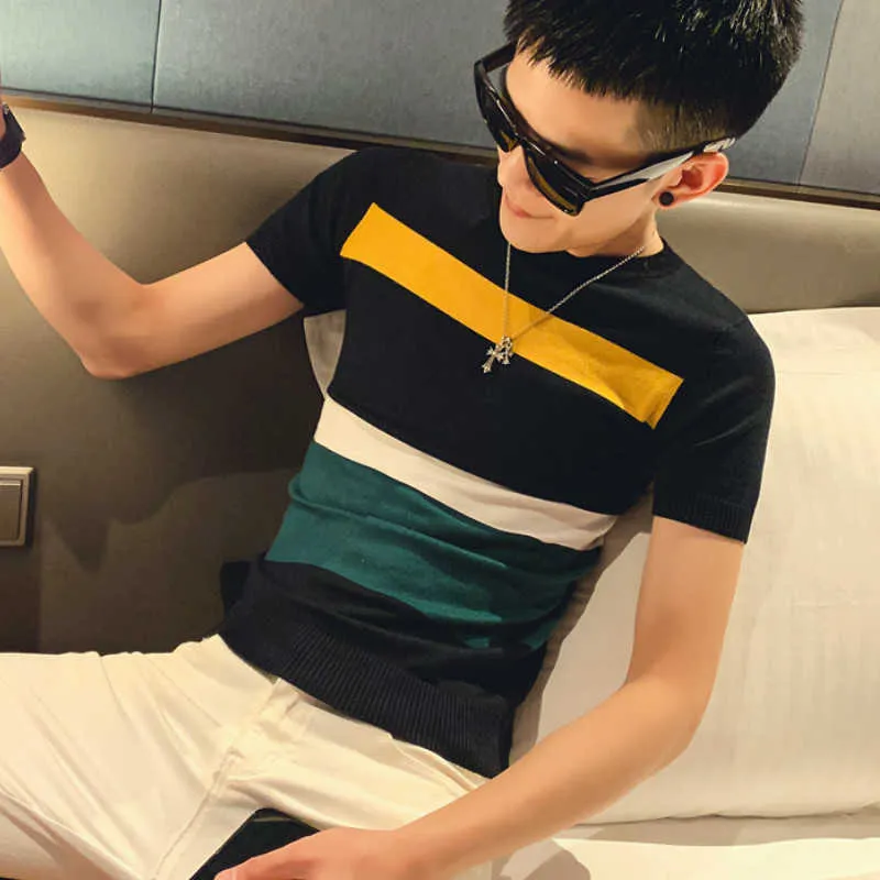 Knitting Stripe Short Sleeve T Shirt Men O Neck Slim Fit T-Shirts Summer Casual Men Streetwear Top Tees Mens Brand Clothing 210527