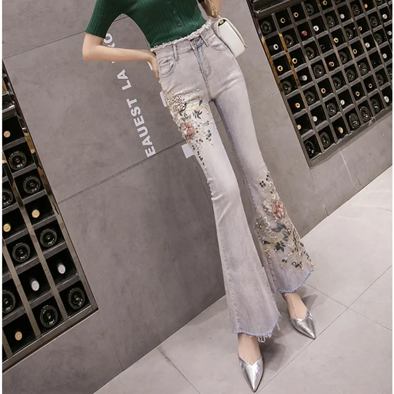 Borduurwerk bloem flare jeans mode vrouwen Europa stijl kralen skinny denim broek van dames vrouwelijke jean broeken A3233 210428