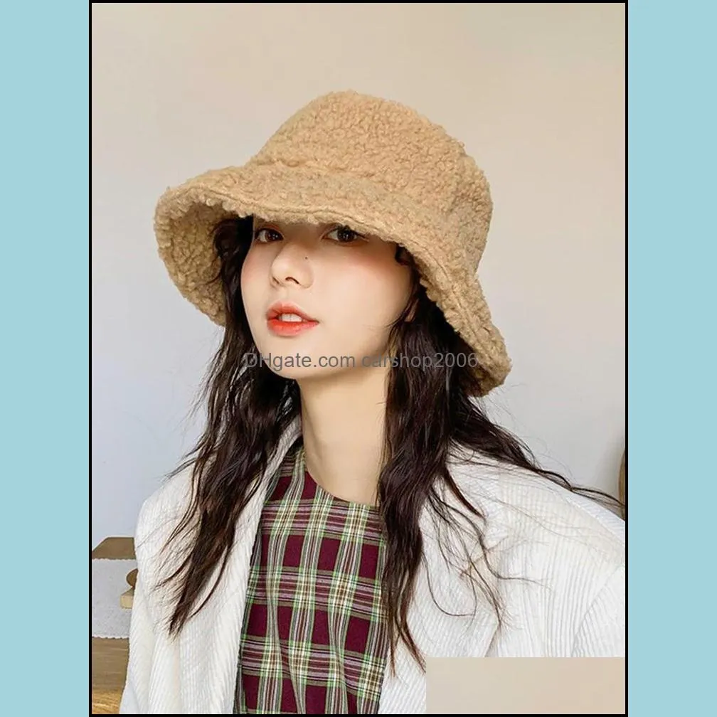 Lamb Wool Letter Women Solid Color Fisherman`s Hat Autumn Bucket Cap For Ladies Keep Warm Casual Female Flat Top Wide Brim Hats