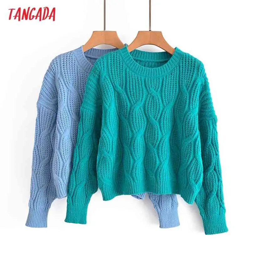 Tangada Kvinnor Mode Twist Crop Stickad Sweater Jumper O Neck Female Elegant Oversize Pullovers Chic Tops 3A163 210922