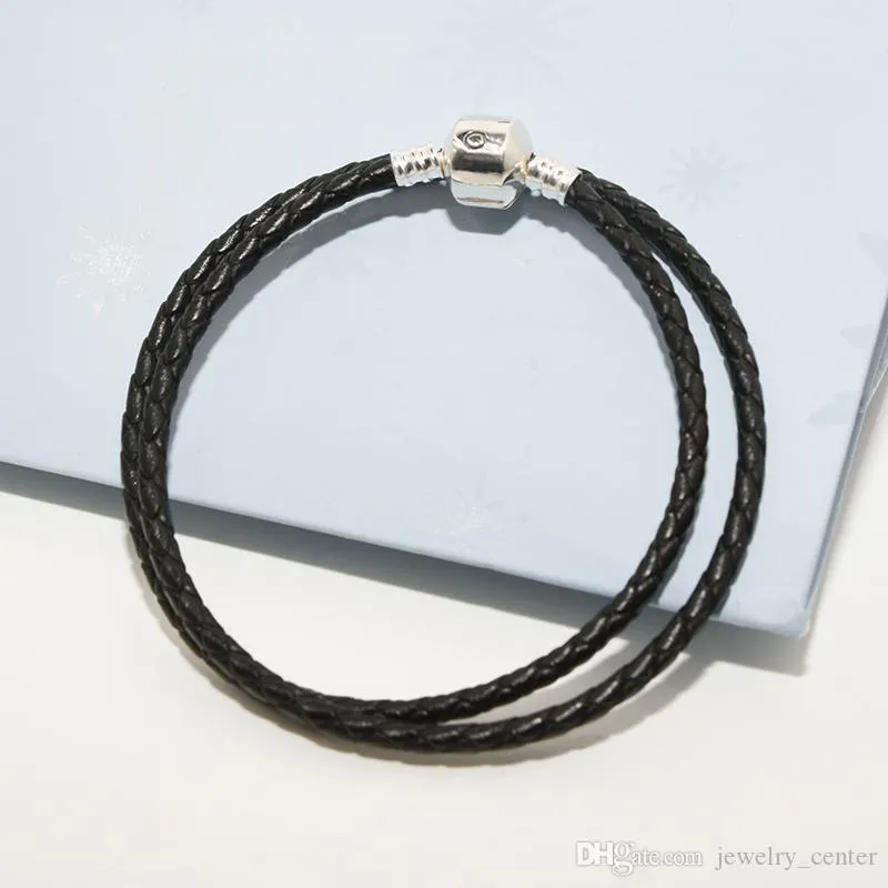 Siyah Örgülü Çift Deri Charm Bilezik Pandora için Orijinal Kutusu setleri 925 Ayar Gümüş lüks tasarımcı Kadın Erkek Bileklik