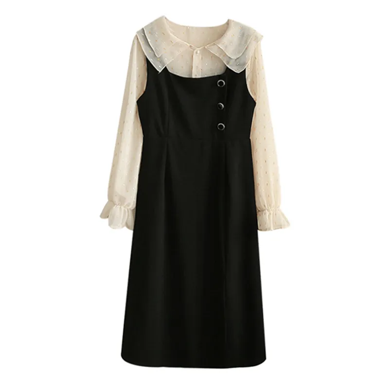 Vrouwen twee stukken set mouwloze tank jurk hepburn zwart een lijn mini rok met chiffon shirt flare mouw T0115 210514