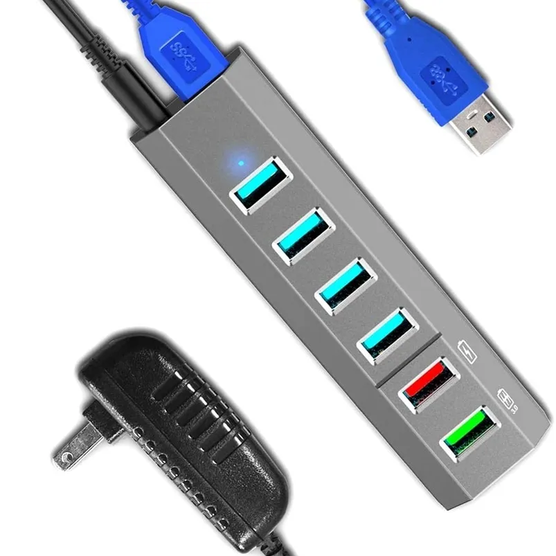 Topesel 6 Puertos Súper de alta velocidad USB 3.0 HUB Splitter + Adaptador de corriente 24W 3.0 Cable, cargador rápido inteligente gris 210615