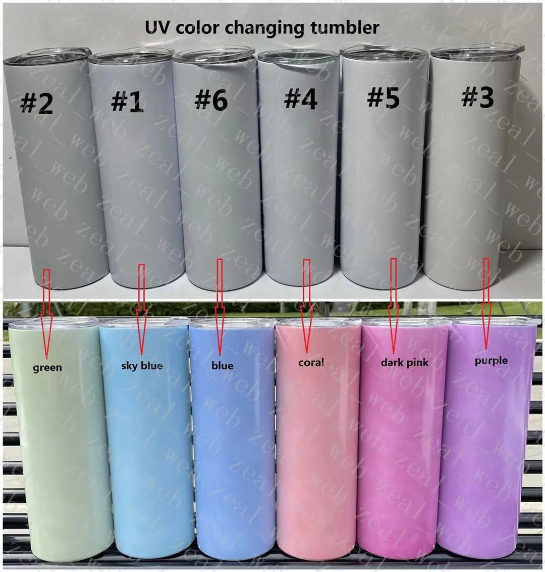 UV Color Change Sublimation 20oz Rak Skinny Tumbler Slim Kaffe Kopp Ingen Taper med PP Straw Clear Läcktäcke Lock