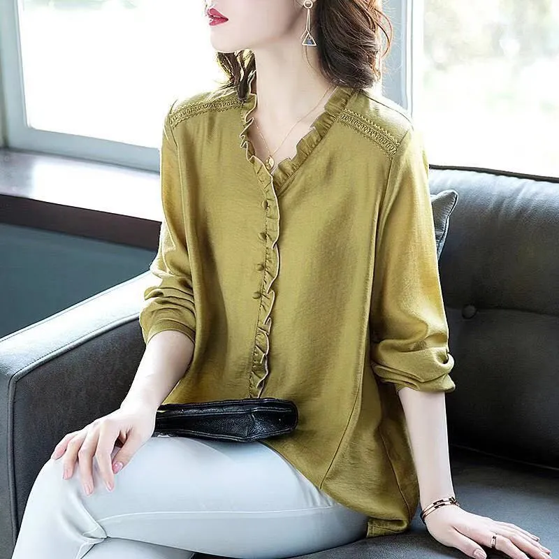 Design Plus size Shirt Women Elegant Ruffle Office Blouse Ladies Work Loose Casual Tops V neck Long sleeve Tees Black Shoulder