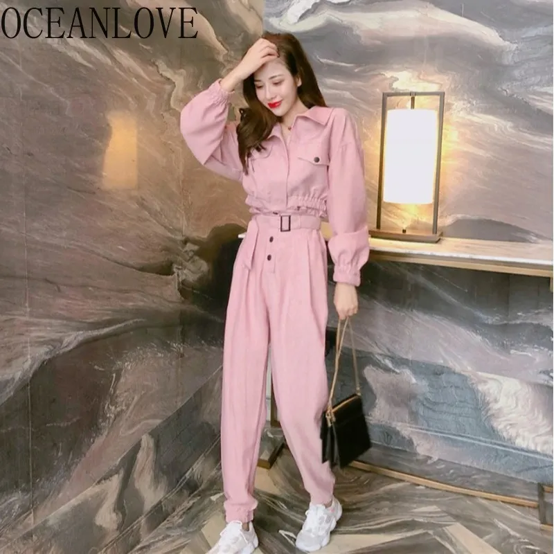 ツーピースセット女性秋ピンク韓国ファッションロパデマザーショートシャツ+貨物パンツ衣装17241 210415