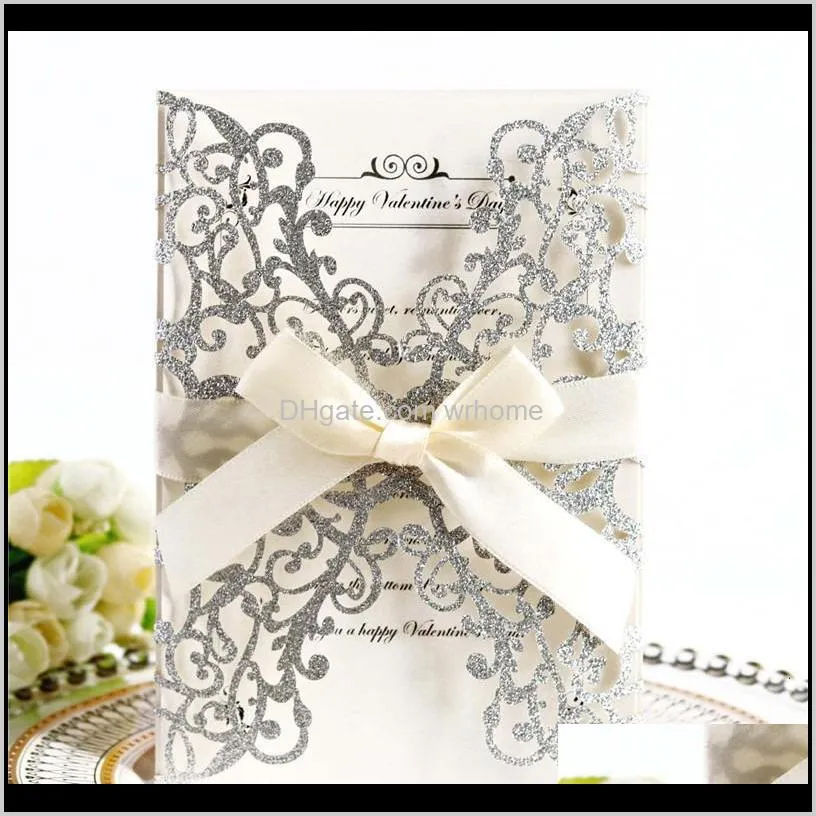 factory price flower hollow laser cut elegant engagement glitter wedding invitation card with rope and envelope