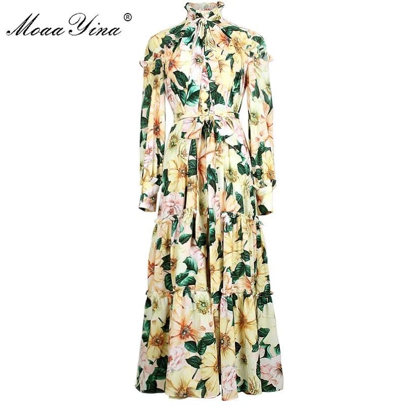 Robe de créateur de mode robe d'été pour femmes manches longues Camellia imprimé floral à lacets robes de vacances 210524
